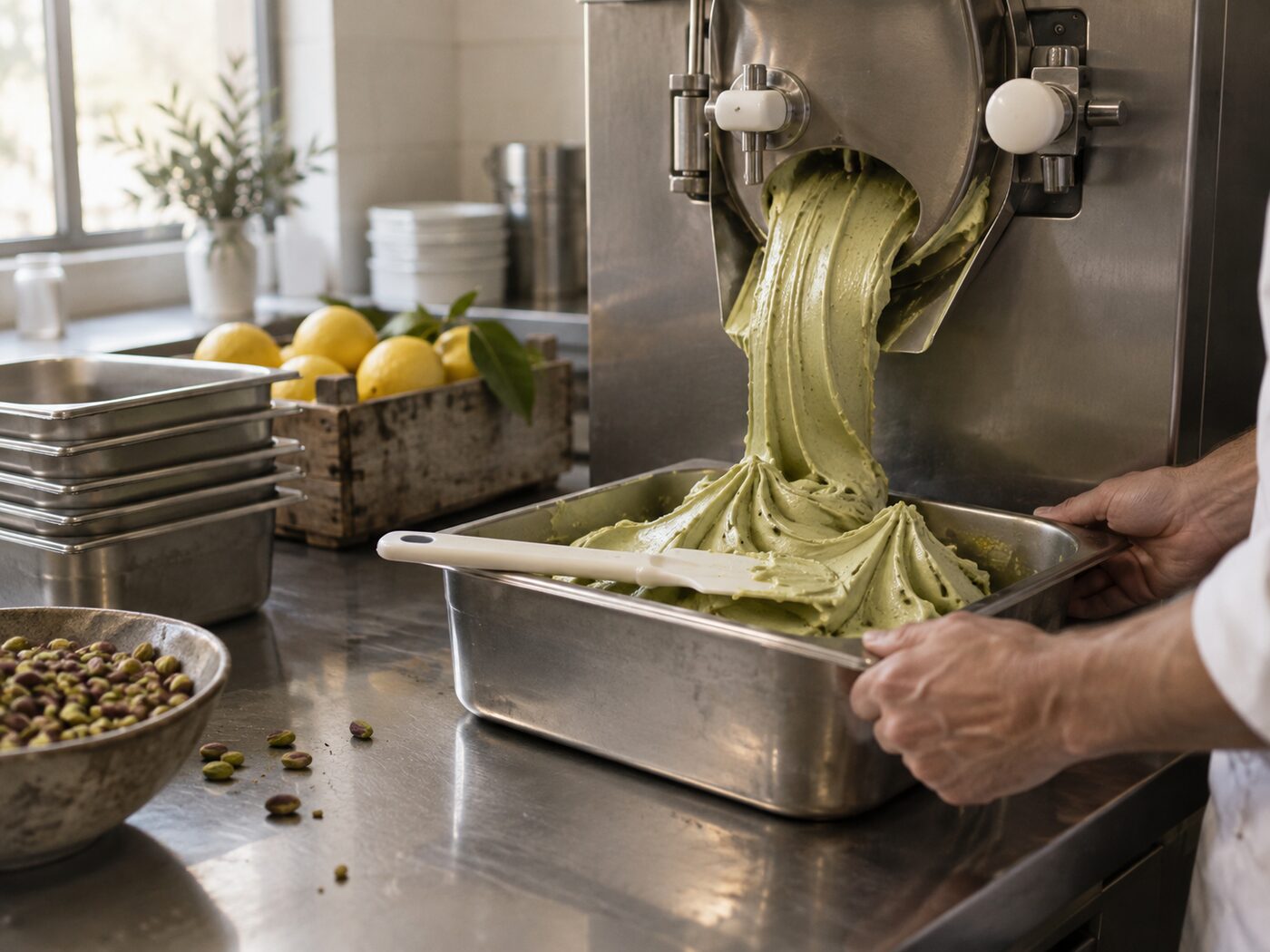 Frisch gerührtes Pistazien-Gelato läuft aus der Maschine in eine Edelstahlwanne