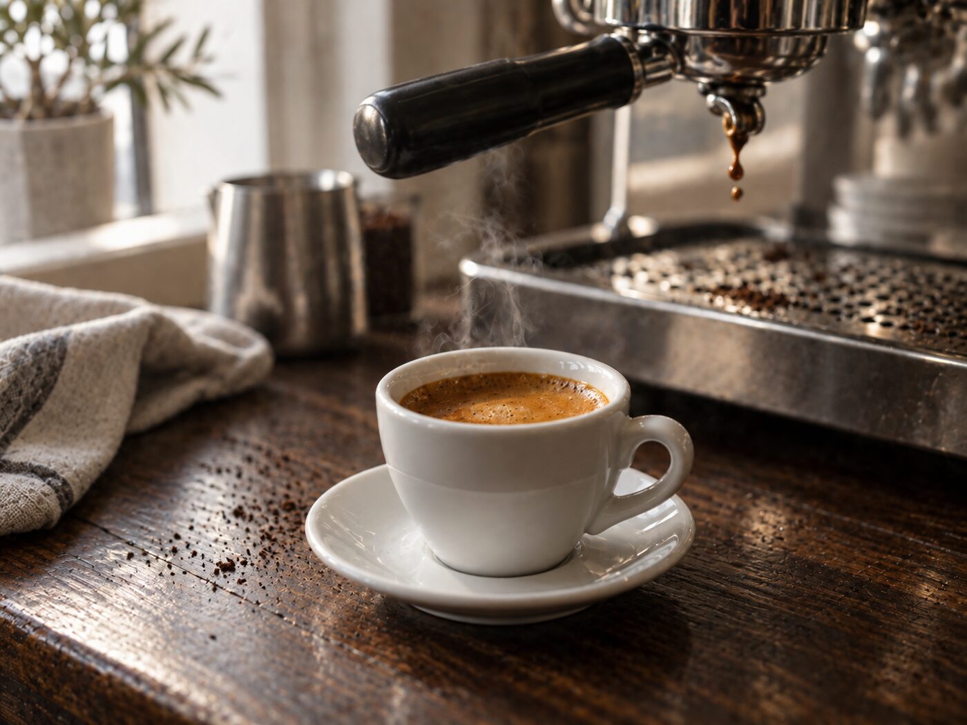 Ein Espresso mit Crema in der Tasse, dahinter der Siebträger der Kaffeemaschine