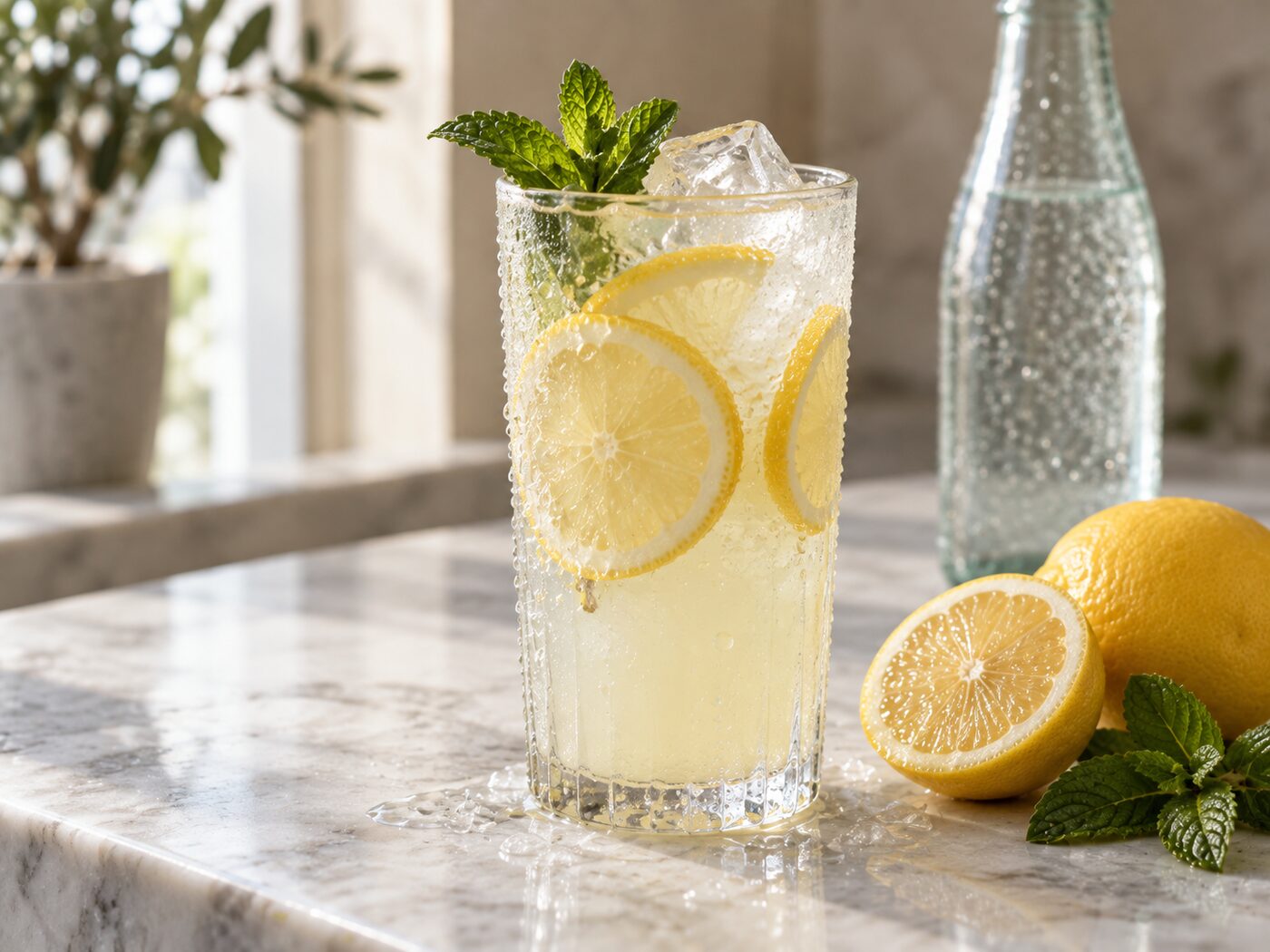 Hausgemachte Bellateria Lemon mit Eis, Zitronenscheiben und frischer Minze