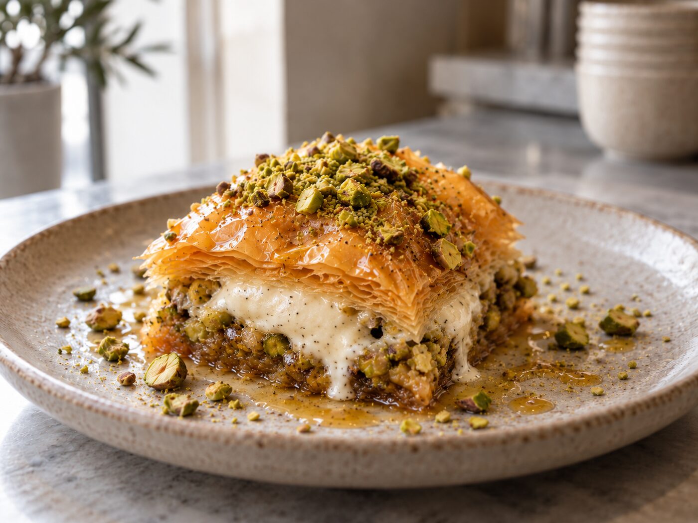 Baklava mit Pistazien und einer Kugel Vanille-Gelato auf einem Teller