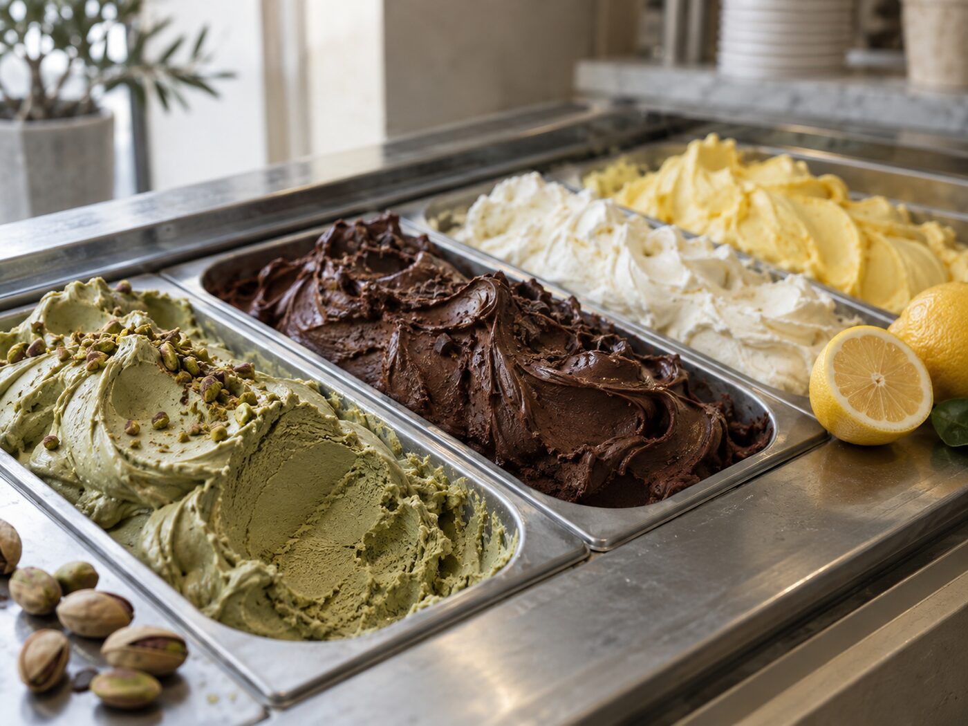 Frisch gerührtes Gelato in mehreren Sorten nebeneinander in der Vitrine, daneben Pistazien und Zitronen